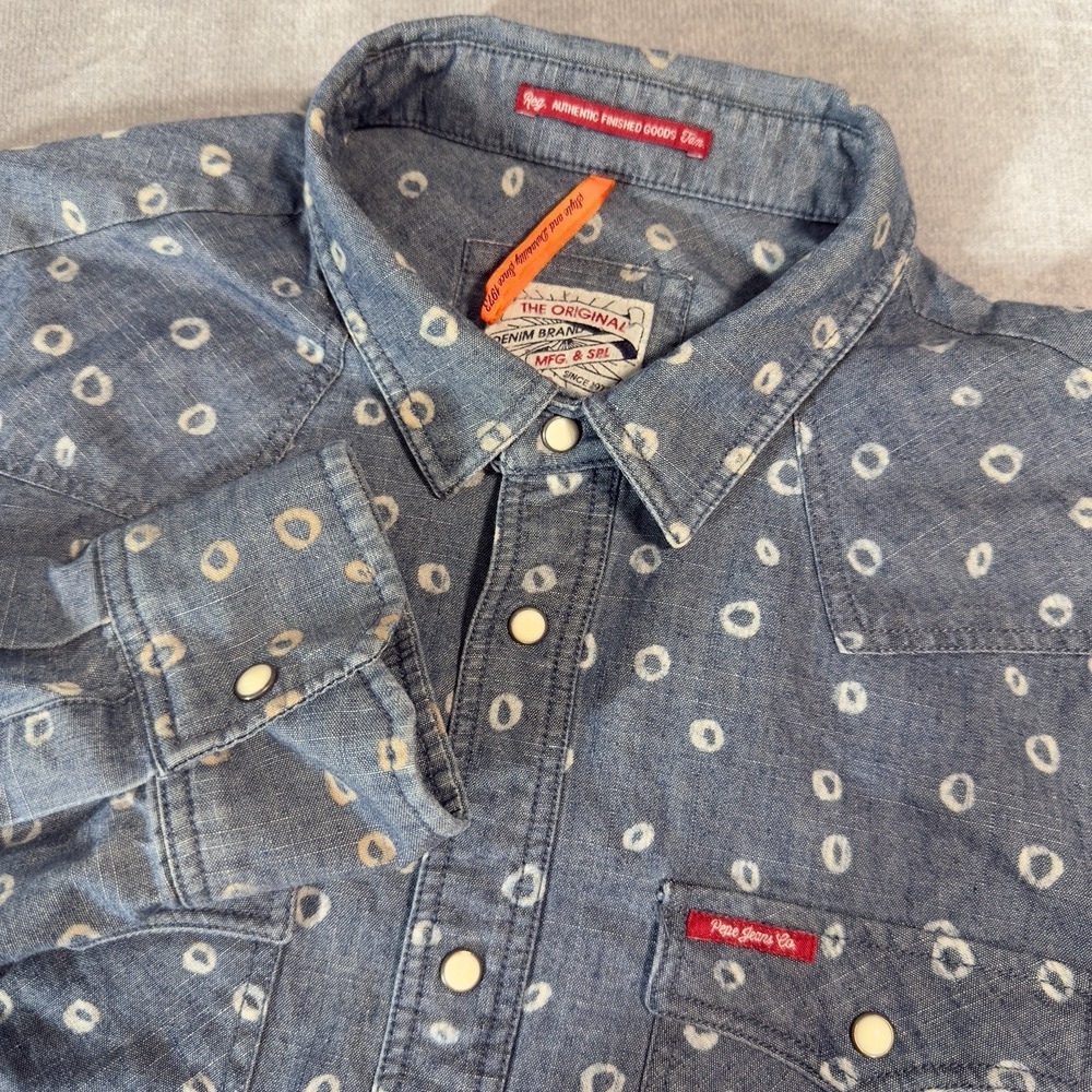 RARE SAMPLE Pepe Jeans Denim Pearl Snap Shirt Mens Medium Blue Patterned Western